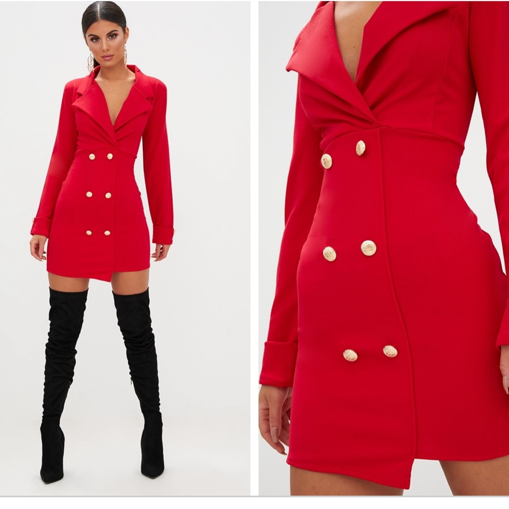 BNWT PrettylittleThing Sold Out Red Gold Button Blazer Dress. Size 2